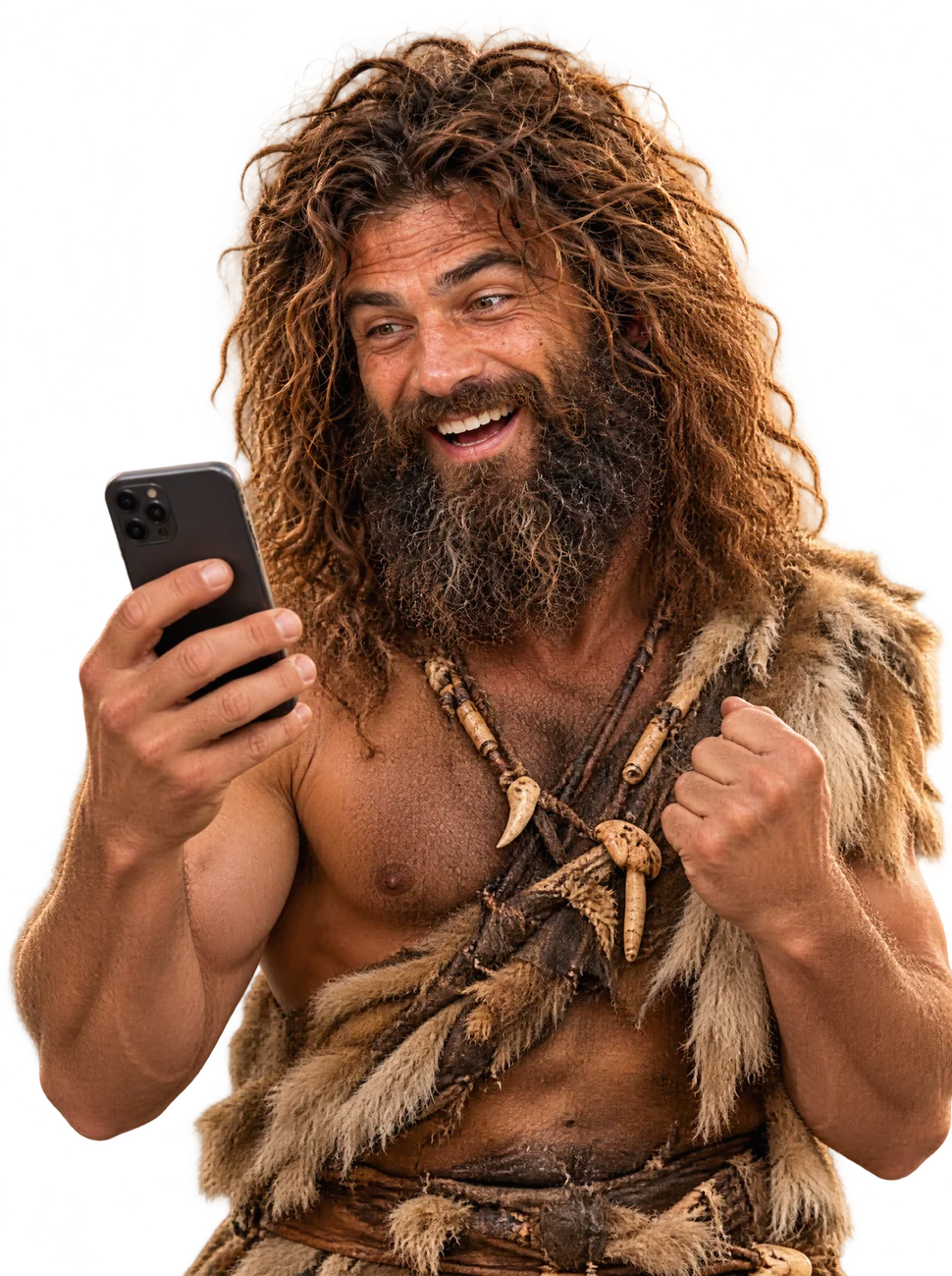 Homem das cavernas feliz olhando o celular
