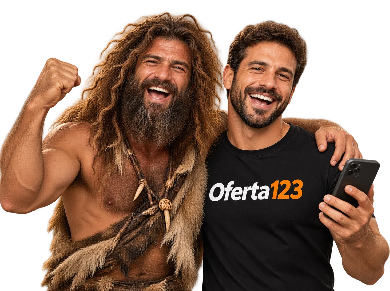 O homem das cavernas e o especialista da Oferta123 comemorando